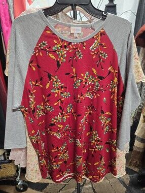 LuLaRoe Red Floral Raglan Top with Gray Sleeves